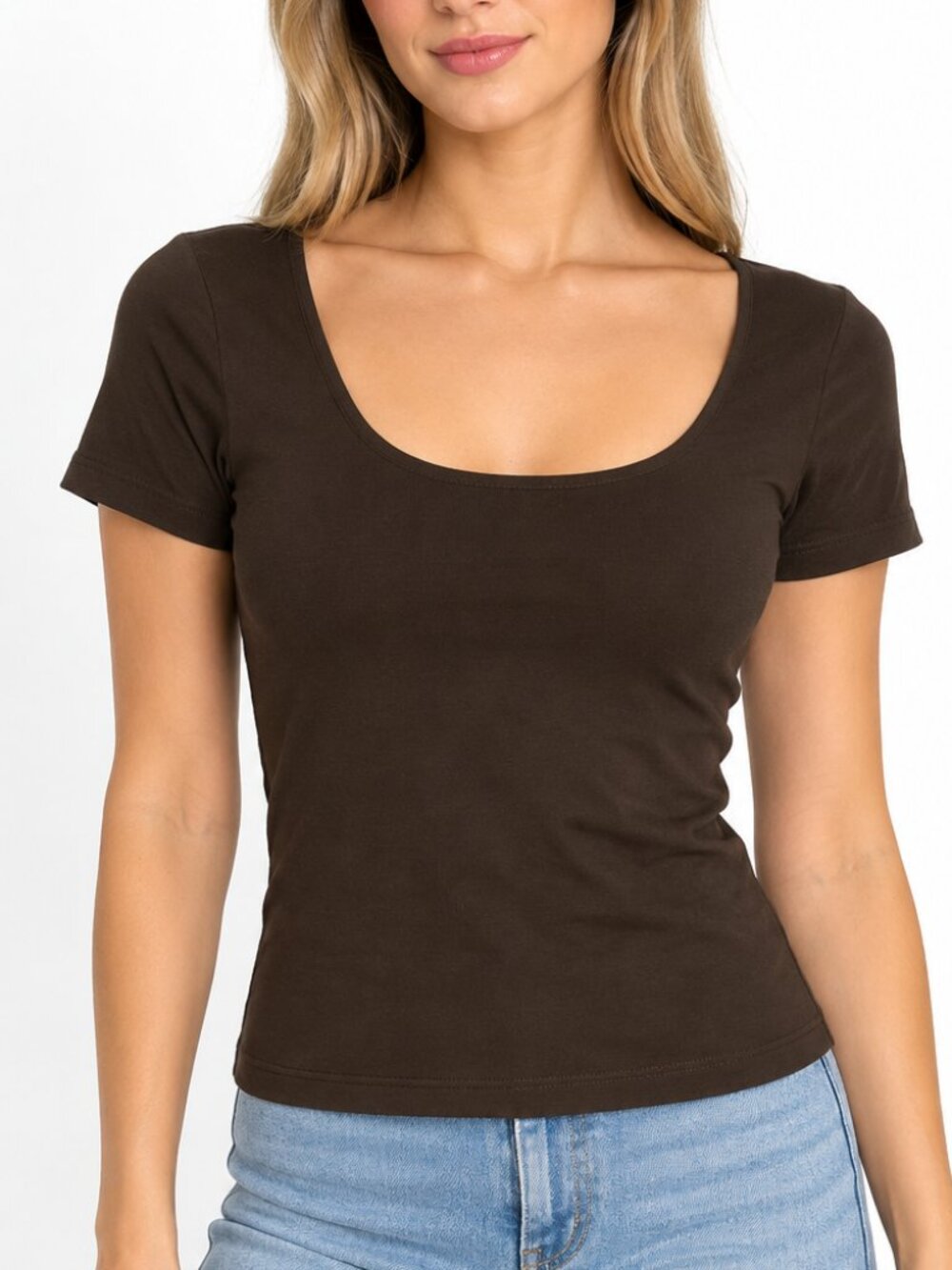 Popular 21 Brown Scoop Neck Fitted Short Sleeve Top Size Small